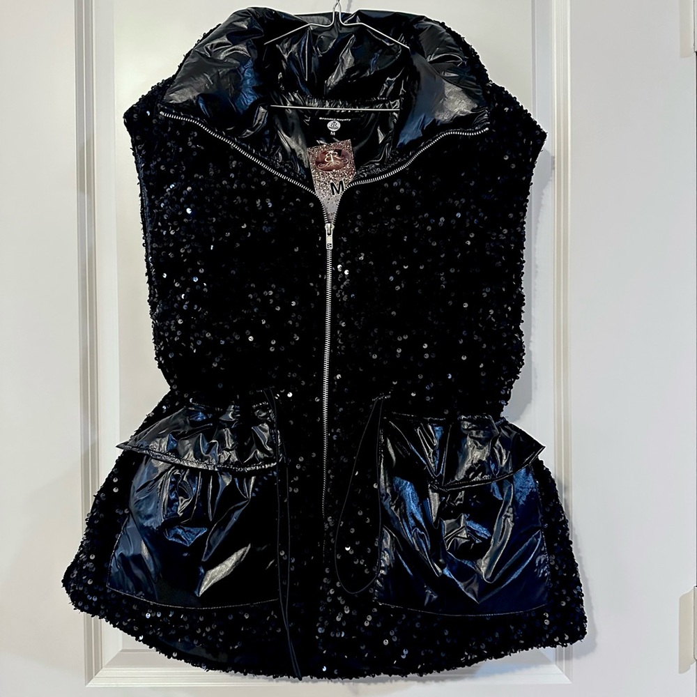 Black Sequin Puffer Vest with Elastic-draw waist